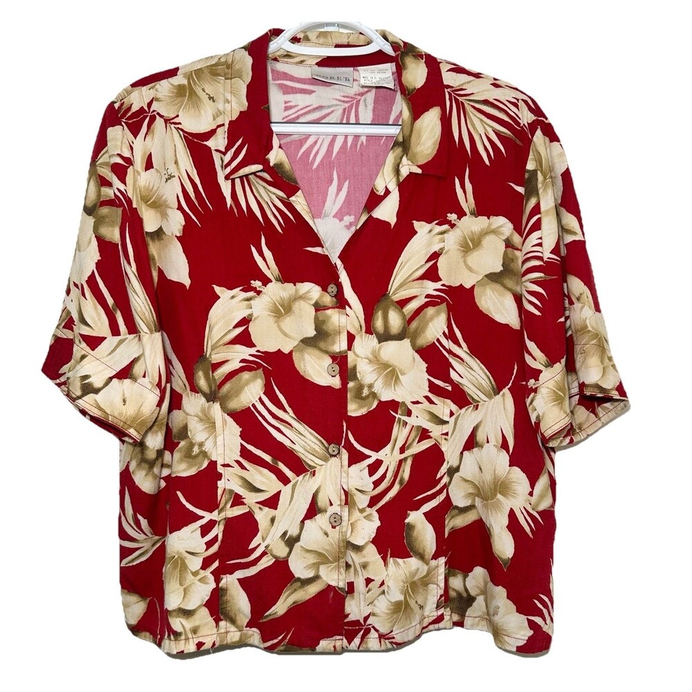 Vintage Y2K Koret Hawaiian Tropical Floral Rayon Camp Shirt Size 14